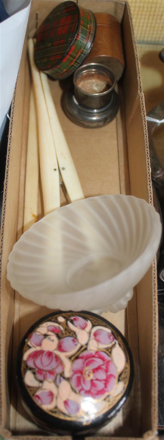 Chinese carved ivory concentric ball on stand, mother of pearl ashtray with white metal dragon mount & a framed cork temple carving